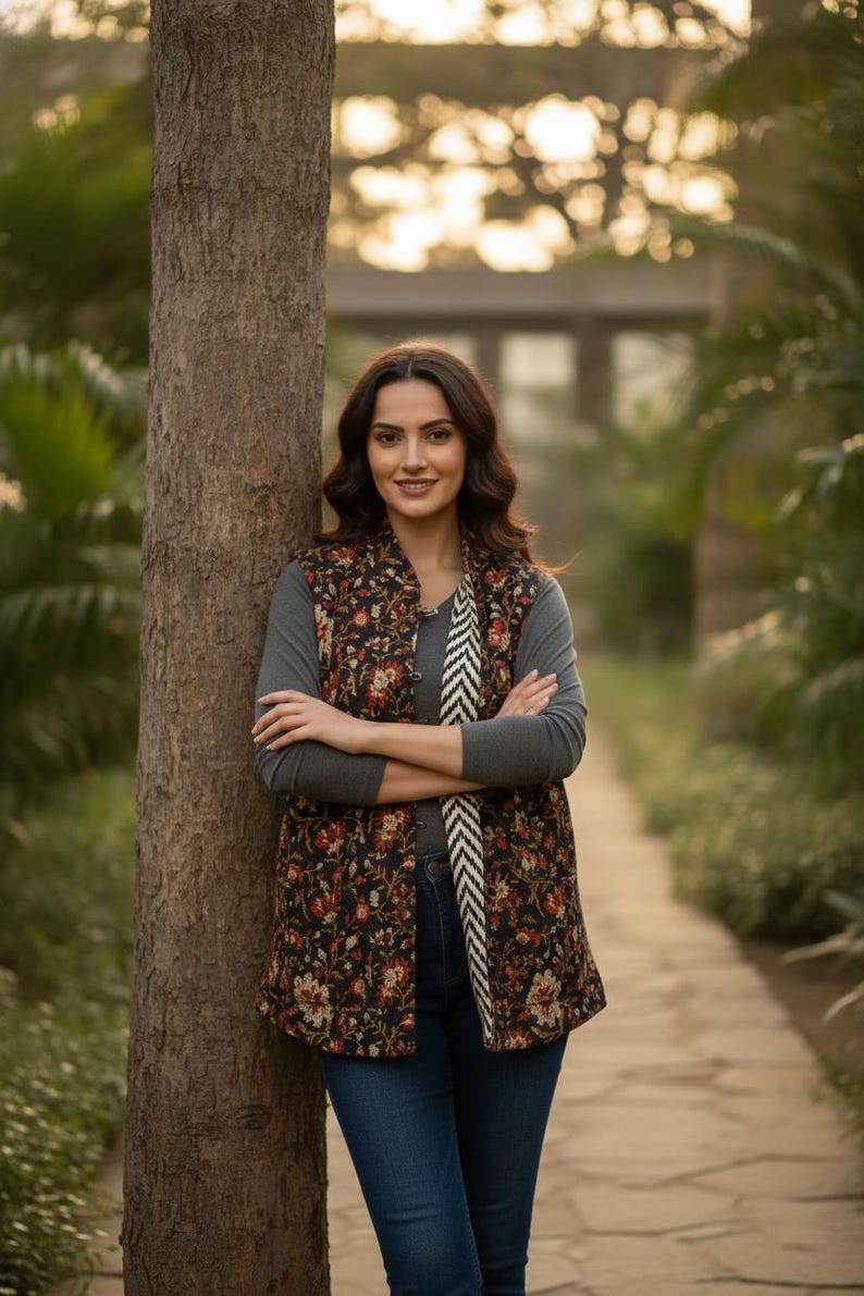 Handmade Boho Block Print Cotton Jacket – Reversible Ethnic Quilted Coat | Easy Layering for All Seasons, Perfect for Travel & Work Wear thumbnail 3