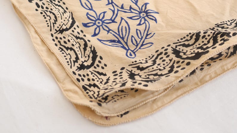 Hand Block Printed Cotton Bandana: Beige & Blue Floral Scarf thumbnail 4