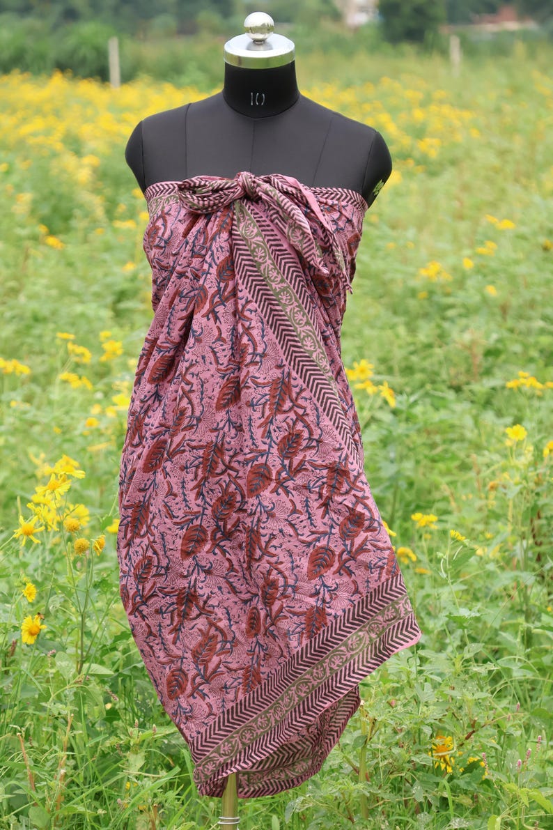 Block Printed 100% Cotton, Hand Block Printed Sarongs Soft Voile Fabric Summer Pareo, Bagru Scarfs, Lightweight Cotton Wrap, Fashion Sarong thumbnail 3