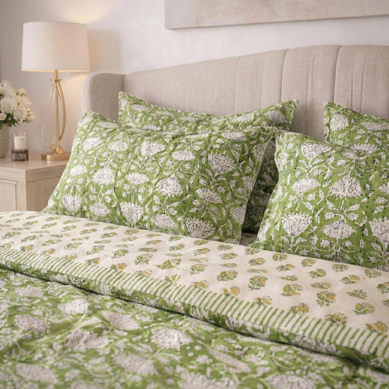 Green Floral Block Print Duvet Cover,Hand Block Printed Cotton Bedding, Botanical Indian Quilt Cover, Bedroom Decor | Elegant Floral cover thumbnail 4