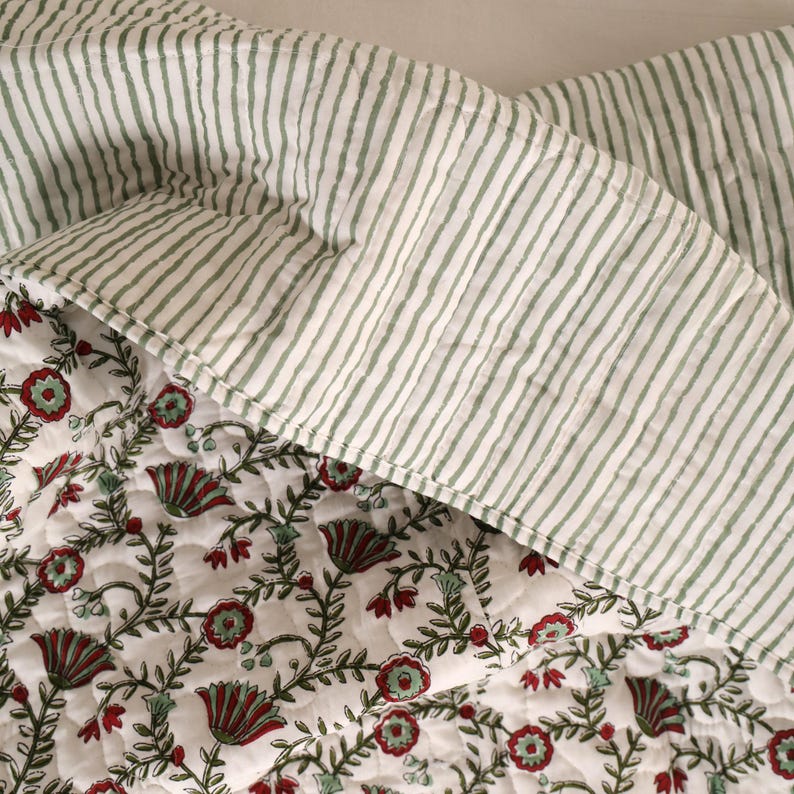 Hand Block Print Cotton Quilt, Orange Pomegranate Floral Razai, Bedspread Queen King Full floral quilt, bohemian quilt Cotton Bedding Set thumbnail 3