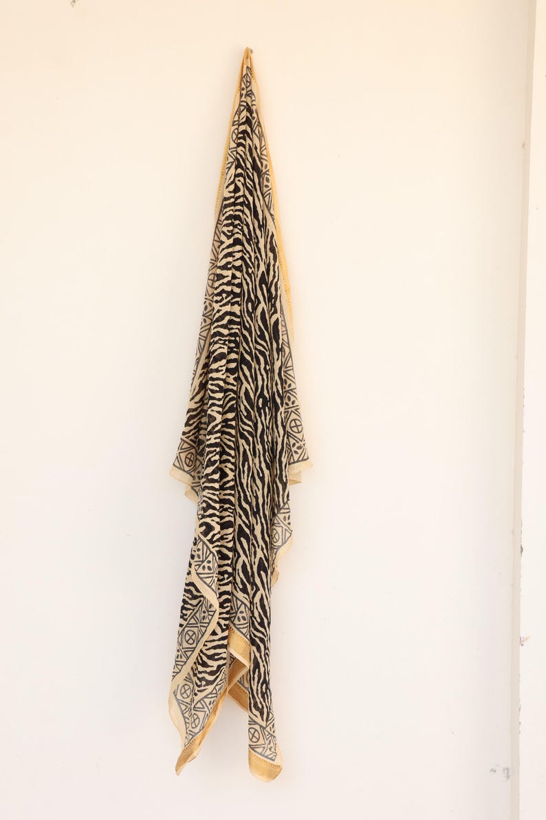 Hand Block Printed Zari Border Sarong | Black & Beige Animal Print Cotton Wrap | Artisan Beachwear Pareo | Cotton Beach Wrap, Wrap Skirt thumbnail 4