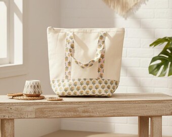 Printed Canvas Tote Bag | Handmade Cotton Shoulder Bag | Reusable Market & Shopping Tote, Everyday Use Tote,Beach, Travel / Shopping Tote