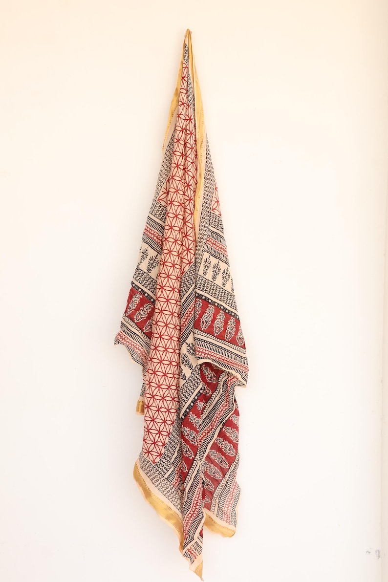 Hand Block Print Cotton Sarong – Red Floral Beach Wrap with Golden Border | Artisan Beachwear Pareo | Cotton Beach Wrap, Wrap Skirt thumbnail 3