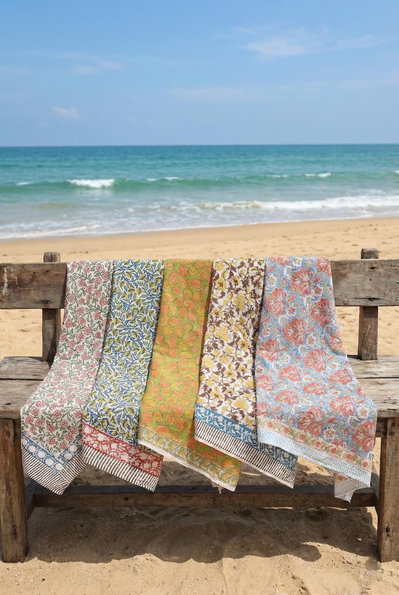 Set of 5 Hand Block Print Cotton Sarongs – Boho Beach Cover-Ups, Lightweight Summer Wraps, Artisan Floral Sarong Set | Birthday Perfect Gift thumbnail 2