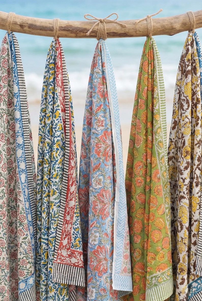 Set of 5 Hand Block Print Cotton Sarongs – Boho Beach Cover-Ups, Lightweight Summer Wraps, Artisan Floral Sarong Set | Birthday Perfect Gift thumbnail 3