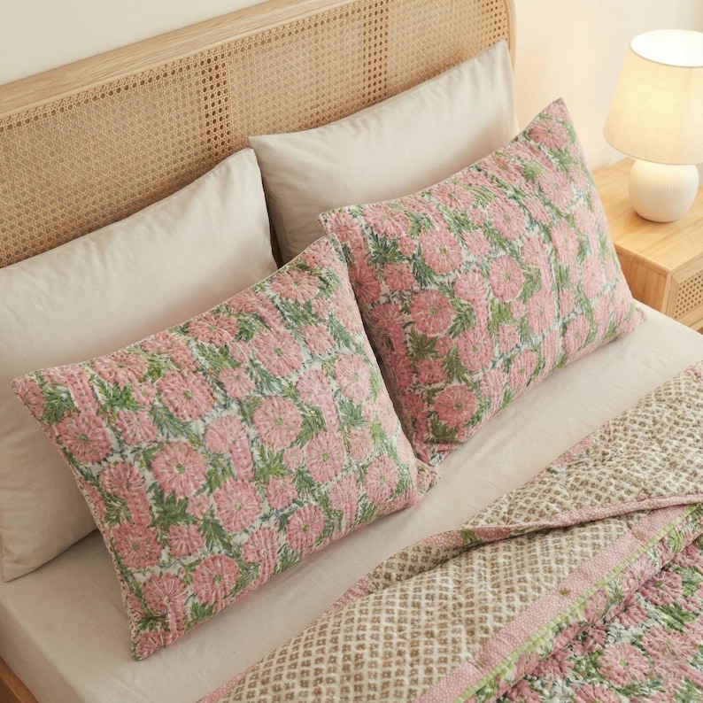 Pink Hand Block Print Quilt Cover, Comforter Cover Set Printed Fabric Quilt Cover Set, pink Quilt Cover Floral Linen Quilt Cover Set thumbnail 3