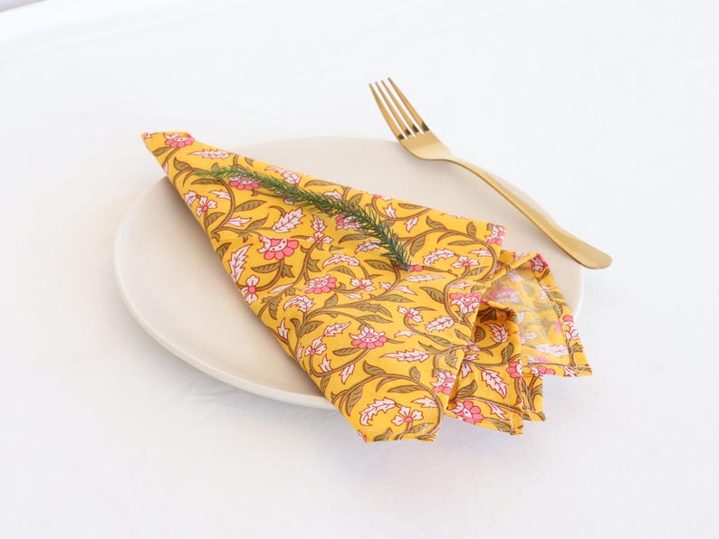 Floral Hand Block Printed Cotton Napkins - Mustard Yellow Dining Set thumbnail 5