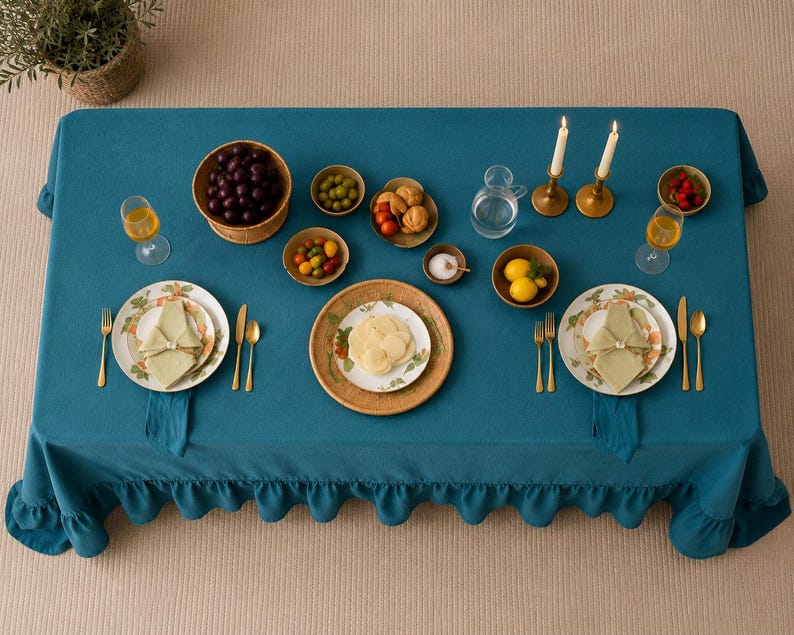Teal Blue Elegant Linen Ruffle Tablecloth | Farmhouse Dining Table Cover,Rustic Wedding & Holiday Table Linen Decor,Rustic Linen Table Cover thumbnail 3