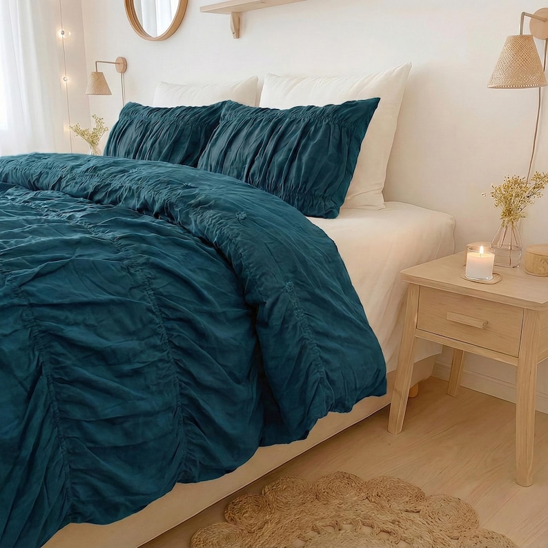 Teal Blue Color Cotton Wrinkle Quilt Cover Boho King Queen Full Quilt Cover Cozy Dorm Bedding Comforter Cover, Bohemian Quilt Cover thumbnail 3