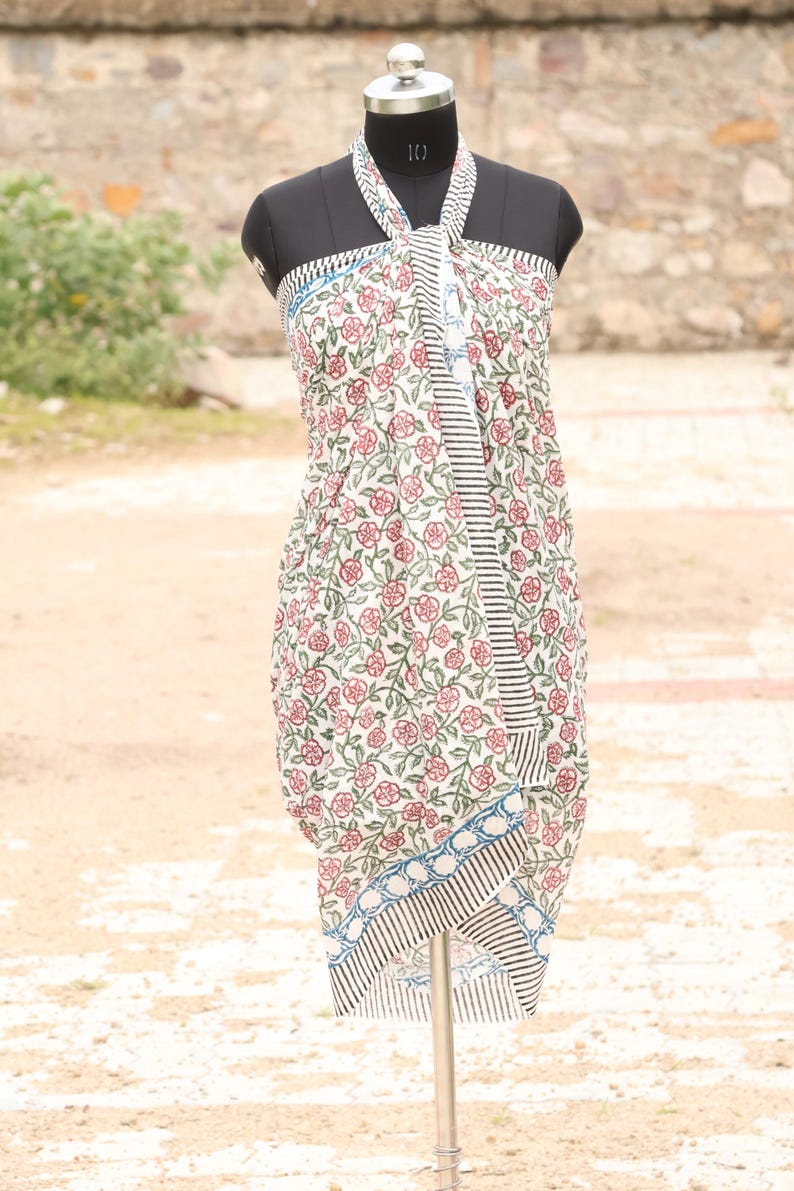 Block Print Cotton Sarong: Cotton Hand Block Print Scarves/Sarong | Cover - Up Boho Scarves,Birthday Anniversary, Perfect Gift for Her thumbnail 3
