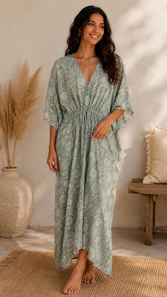 sage green kaftan dress Hand Block Print Cotton Dress, Floral Kaftan, Women's Beach Cover Up, Boho Lounge Dress, Resort Wear, Loose Fit Maxi Sequin dress