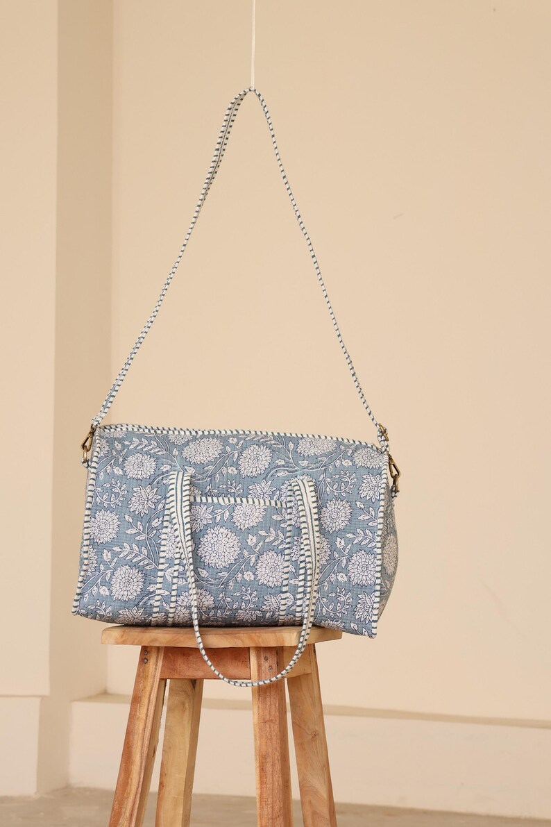 Dusty Blue Cotton Duffel Bag – Hand block Travel Weekender / Stylish Weekend Carryall / Everyday Travel Companion / Soft Cotton Duffel thumbnail 4