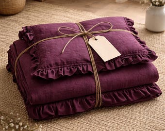 Organic plum 100% linen duvet comforter cover Ruffles, Cover Duvet Set pillow Quilt Cover,King Queen Bedding Set Linen Bed Cover