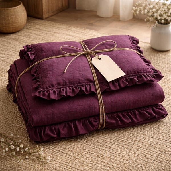 Organic plum 100% linen duvet comforter cover Ruffles, Cover Duvet Set pillow Quilt Cover,King Queen Bedding Set Linen Bed Cover