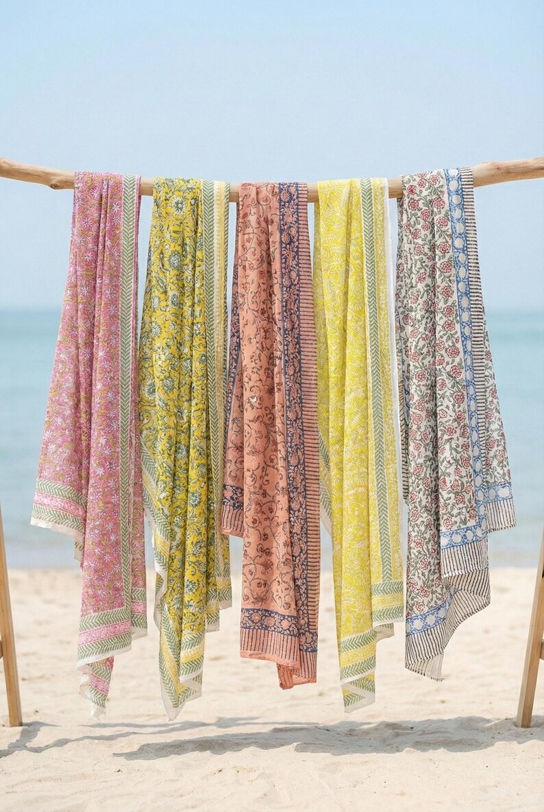 Set of 5 Handcrafted Cotton Sarongs | Artisan Block Print Pareos | Soft Lightweight Beach Wraps | Birthday Perfect Gift, Vacation Cover-Ups thumbnail 3