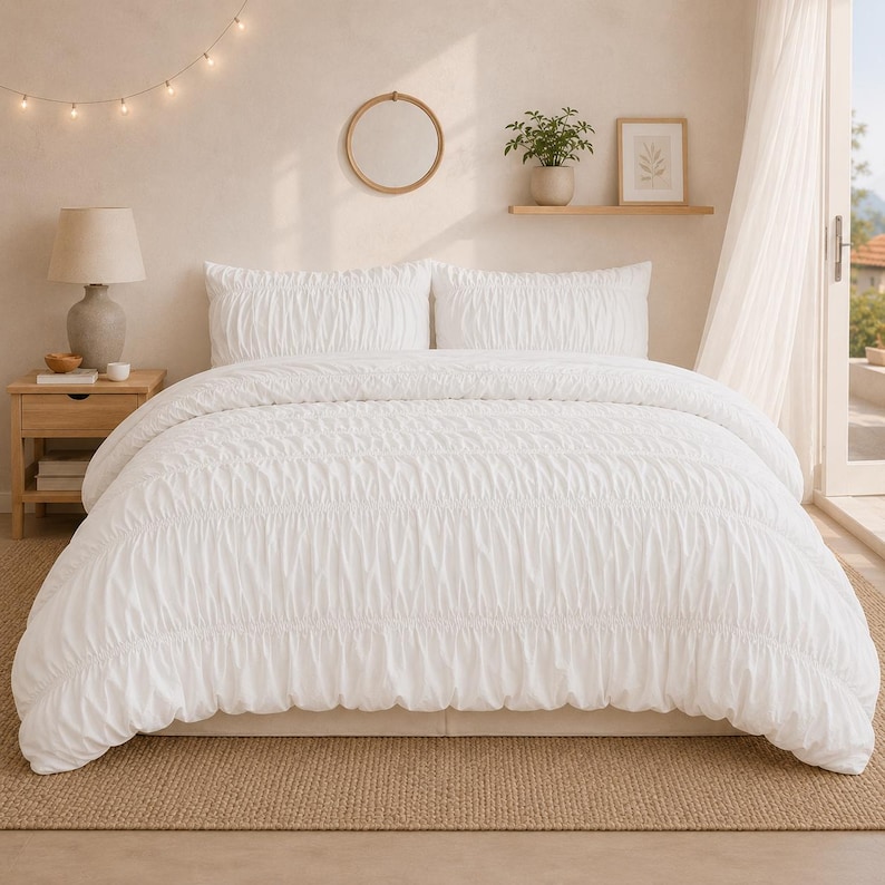 White Ruched Duvet Cover Set – Romantic Shabby Chic Bedding, Soft Comforter Cover, Farmhouse Bedroom Decor, Us King Bedroom Duvet Cover alternate view