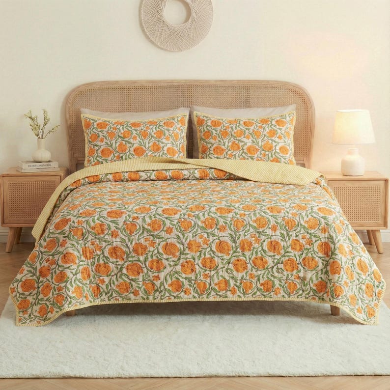 Floral Printed Quilt | 100% Cotton Handmade Quilt | Reversible Bedspread, Everyday Bed Quilt, Perfect Gift for Home,King Size Cotton Bedding alternate view