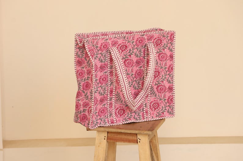 Pink Floral Block Printet Cotton Tote Bag, Cotton Quilted Tote Bags, Large Shopping Bags, Travel Bags, Womens Bags and Purses | Market Bag thumbnail 3