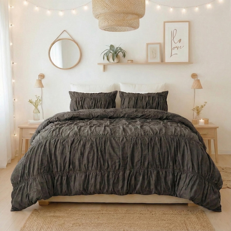 Charcoal Grey Color Pure Cotton Wrinkle Quilt Cover, Comforter Cover, 100% Cotton Boho Quilt Cover, Bohemian Dorm Bedding Set Quilt Cover thumbnail 2