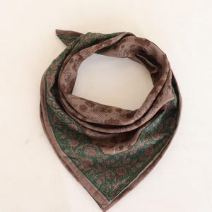 Hand Block Printed Organic Cotton Bandana: Brown & Green Floral Scarf