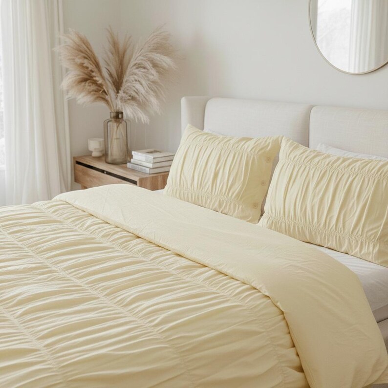 Light Yellow Pastel Wrinkle Duvet Cover Set – Soft Cotton Minimal Bedding | Cozy Washed Cotton Bed Cotton | Relaxed Look Cotton Bedding thumbnail 3
