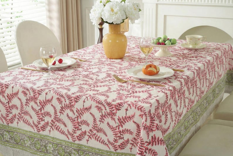 Pink Floral Block Print tablecloth, Cotton Table Cover, Rectangle Table Cloth, Christmas Table Cloth, Garden Party and wedding Tablecloth thumbnail 3