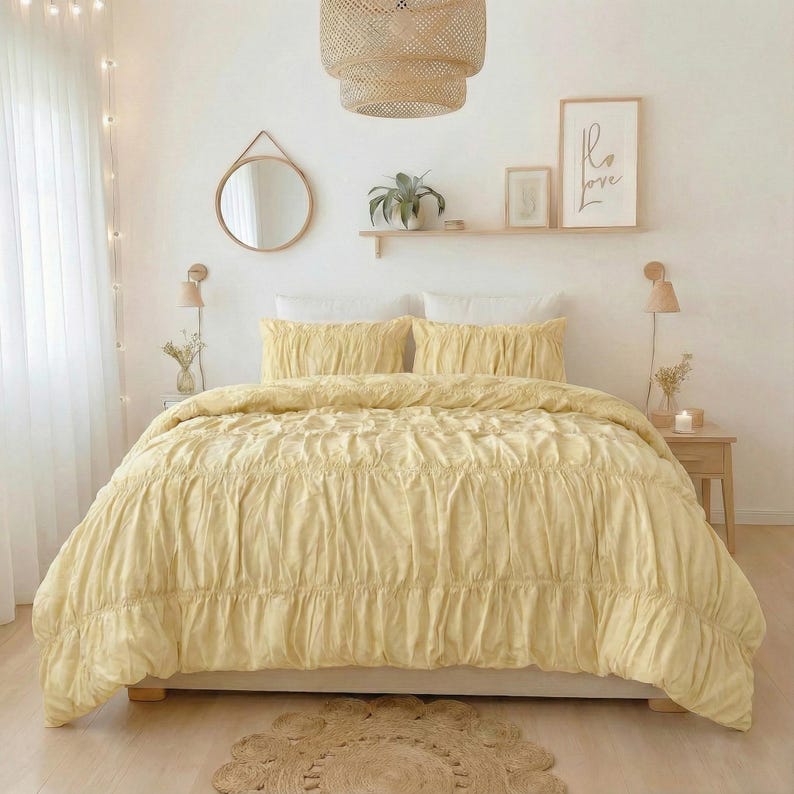 Yellow pesteal Color Pure Cotton Wrinkle Quilt Cover, Comforter Cover, 100% Cotton Boho Quilt Cover, Bohemian Dorm Bedding Set Cover Gift thumbnail 3