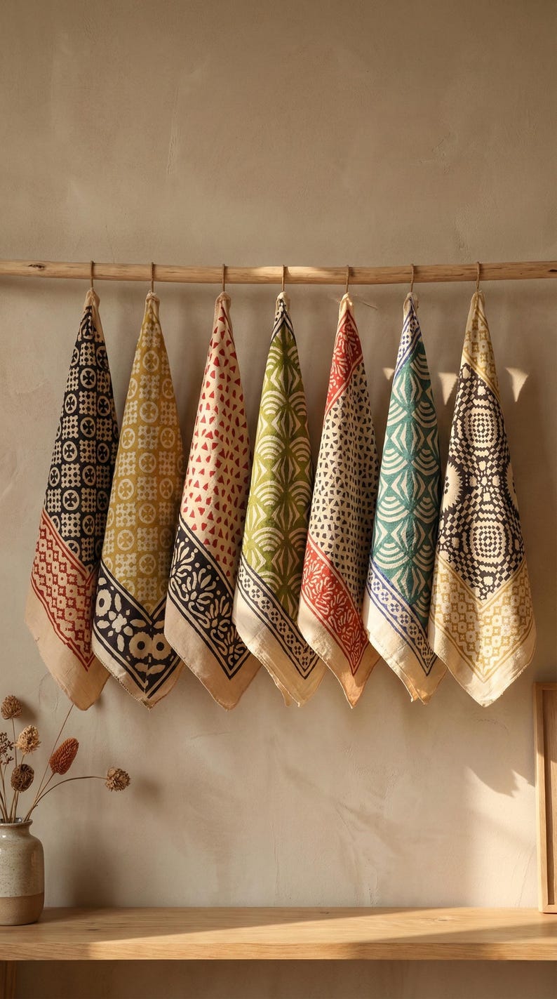 Set of 7 Hand Block Printed Bandanas | Natural Cotton | Artisan Block Print Scarves | Sustainable Gift Set | Hair Wrap, Face Cover, Gift Set thumbnail 2