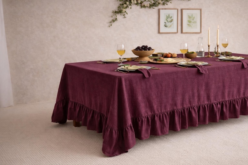 Plum Linen Ruffle Tablecloth, Farmhouse Ruffled Tablecloth, Rustic Linen Table Cover, Boho Dining Tablecloth, Wedding Table Decor thumbnail 4