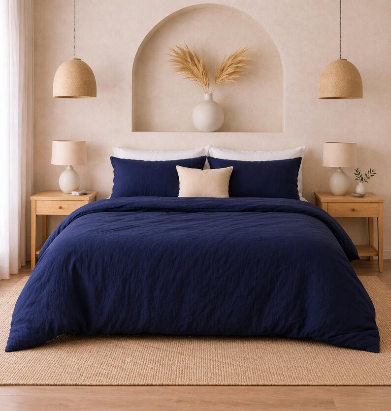 Navy Blue Linen Duvet Cover – Soft Washed Bedding Set , Modern Minimal Style, King Size Queen Bedding Size Cover,Washed Bedding | Duvet set thumbnail 3