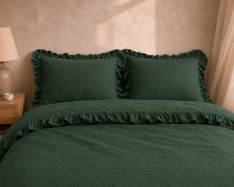 Dark Green Linen Ruffle Duvet Cover Set, Rustic Farmhouse Bedding, Washed Linen Comforter Cover with Ruffled Edges, Boho Bedroom Decor thumbnail 4