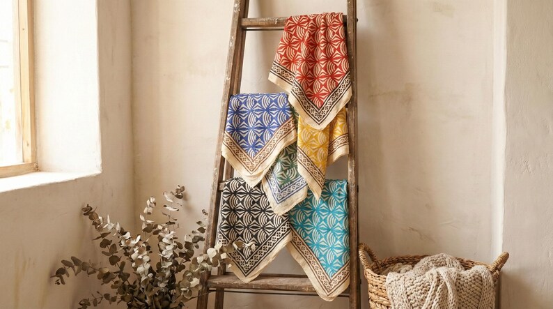 Set of 6 Handmade Bandana - Hand Block Print, Boho Festival Neckerchief, Pet Dog Neck Wrap, Yoga Headband and Bandana Gift Set for Women Men thumbnail 3