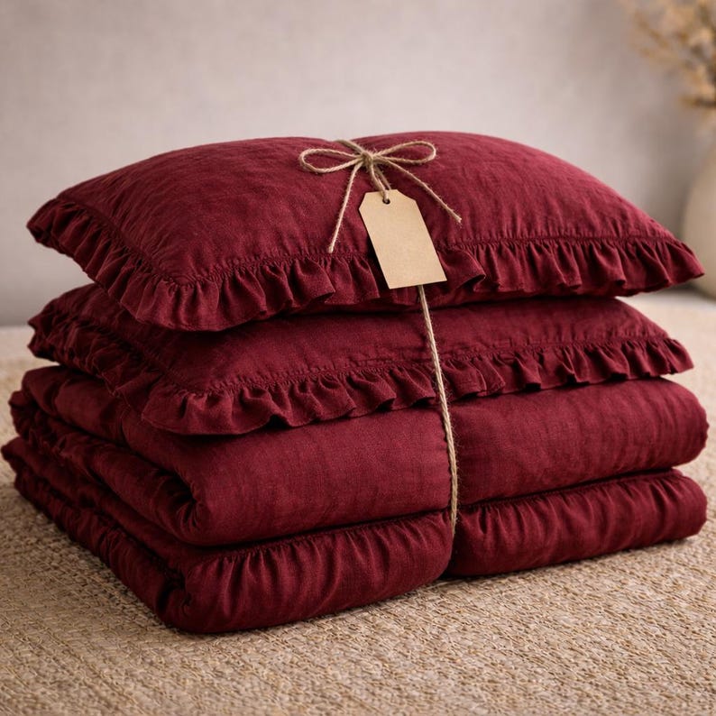 Burgundy Ruffle Linen Duvet Cover Set – Farmhouse Bedding, Comforter Cover Duvet Set pillow Quilt Cover,King Queen Bedding Linen Bed Cover thumbnail 4