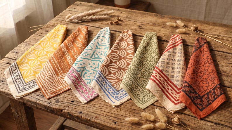 Boho Cotton Bandana Set of 7 | Handmade Block Print Head Scarves | Soft Cotton Neckerchief | Festival & Everyday Wear | 7 Assorted Bandanas thumbnail 2