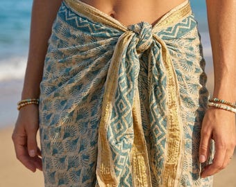 Hand Block Printed Sarong with Traditional Border – Hand Block Printed Cotton Beach Wrap, Handcrafted Cotton Beach Wrap, Wrap Skirt, Scarf