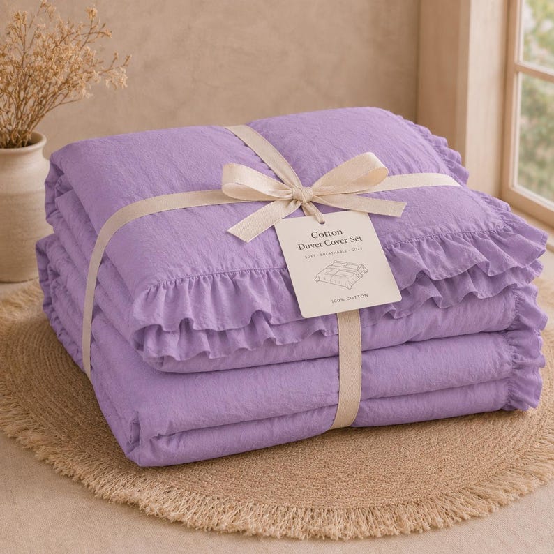 Lavender Linen Ruffle Duvet Cover Set,Soft Washed Linen Bedding with Romantic Bedspread,Luxury Bedroom Decor Gift for Her,with pillowcover thumbnail 2