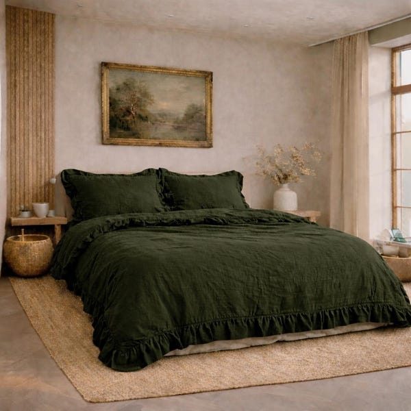 Dark Moss Green Vintage Ruffle Bedding Set – Cozy Cottage Style,Comforter Cover Duvet Set pillow Quilt Cover,King Queen Bedding Linen Cover