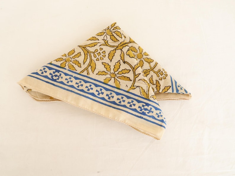 Hand Block Printed Organic Cotton Bandana: Yellow & Blue Floral Scarf | Boho Hair Wrap | 100% Cotton Beach Accessory thumbnail 5