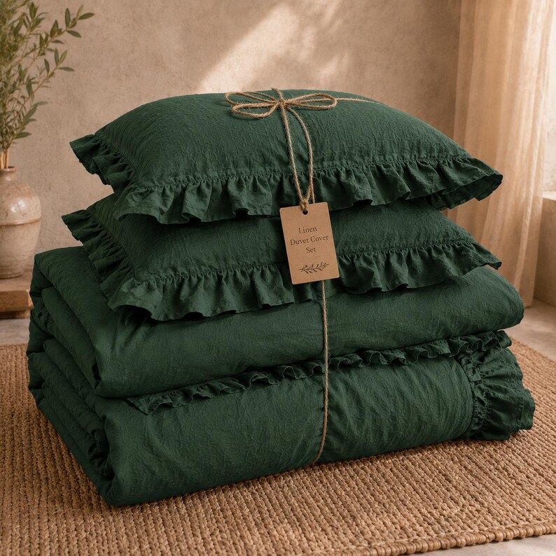 Dark Green Linen Ruffle Duvet Cover Set, Rustic Farmhouse Bedding, Washed Linen Comforter Cover with Ruffled Edges, Boho Bedroom Decor thumbnail 3