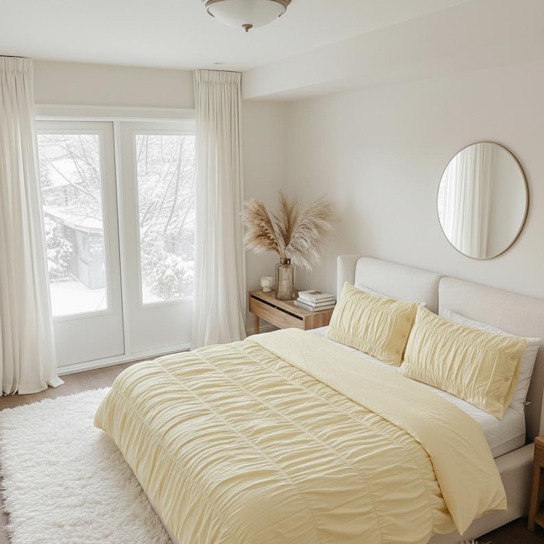 Light Yellow Pastel Wrinkle Duvet Cover Set – Soft Cotton Minimal Bedding | Cozy Washed Cotton Bed Cotton | Relaxed Look Cotton Bedding thumbnail 4