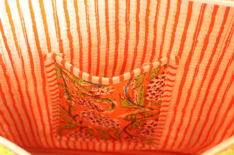 Handmade Quilted Cotton Tote Bag: Shopping Bag, Travel Beach Shopper, Vibrant Orange Tote Bag | Travel and Shoulder Tote Bags, Women Gifts thumbnail 5