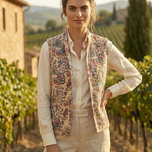 Puede incluir: Un chaleco con estampado floral sobre un fondo crema, combinado con una camisa abotonada crema y pantalones beige. El chaleco presenta un colorido patr&oacute;n de flores y hojas. El atuendo se usa al aire libre.