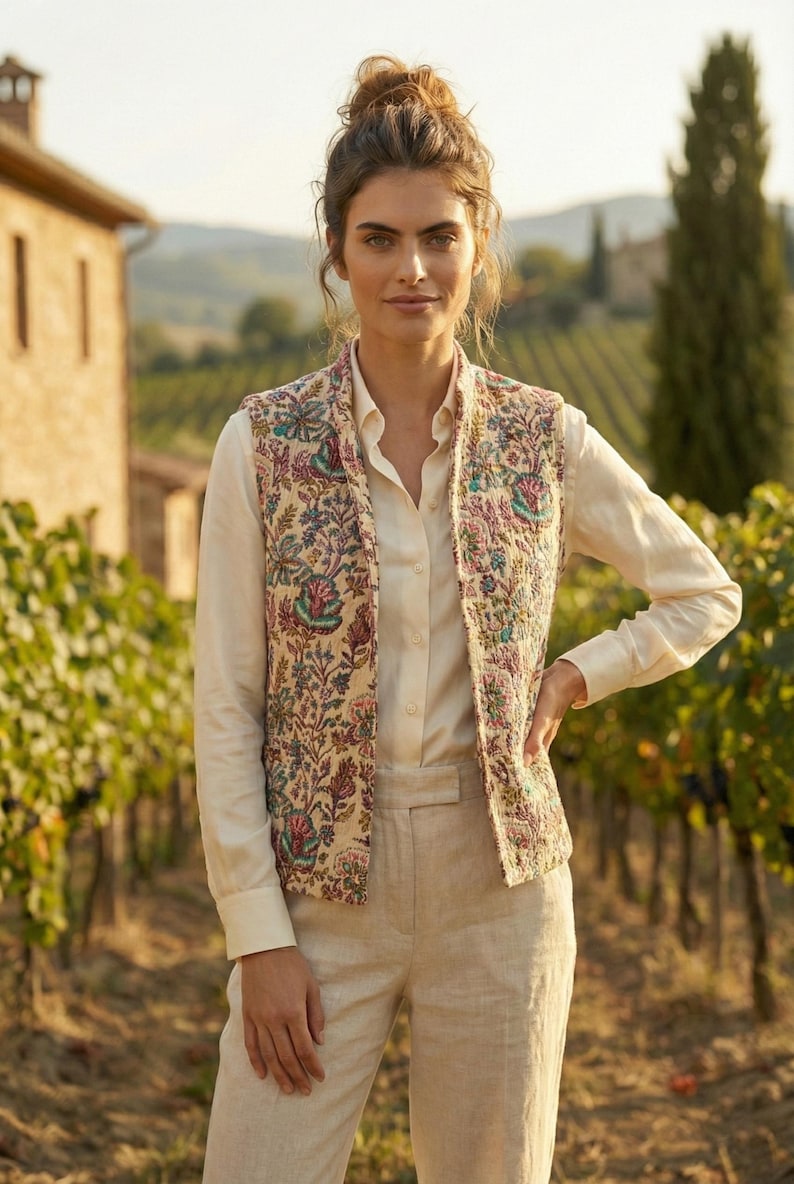 Puede incluir: Un chaleco con estampado floral sobre un fondo crema, combinado con una camisa abotonada crema y pantalones beige. El chaleco presenta un colorido patr&oacute;n de flores y hojas. El atuendo se usa al aire libre.