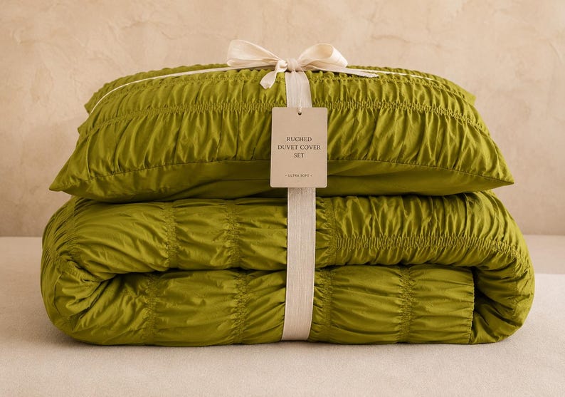 Olive Green Wrinkle Duvet Cover, Soft Cotton Ruched Bedding, Boho Minimal Bed Cover, Modern Textured Duvet Set | Elegant Wrinkle Finish Bed thumbnail 3