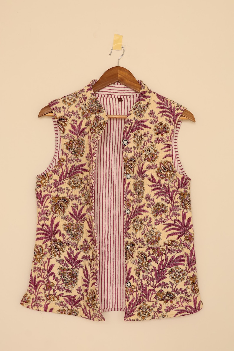 Hand Block Printed Cotton Jacket | Sleeveless Floral Quilted Vest | Ethnic Layering Jacket, Boho bridesmaid gift for her, Jacket for Women thumbnail 5