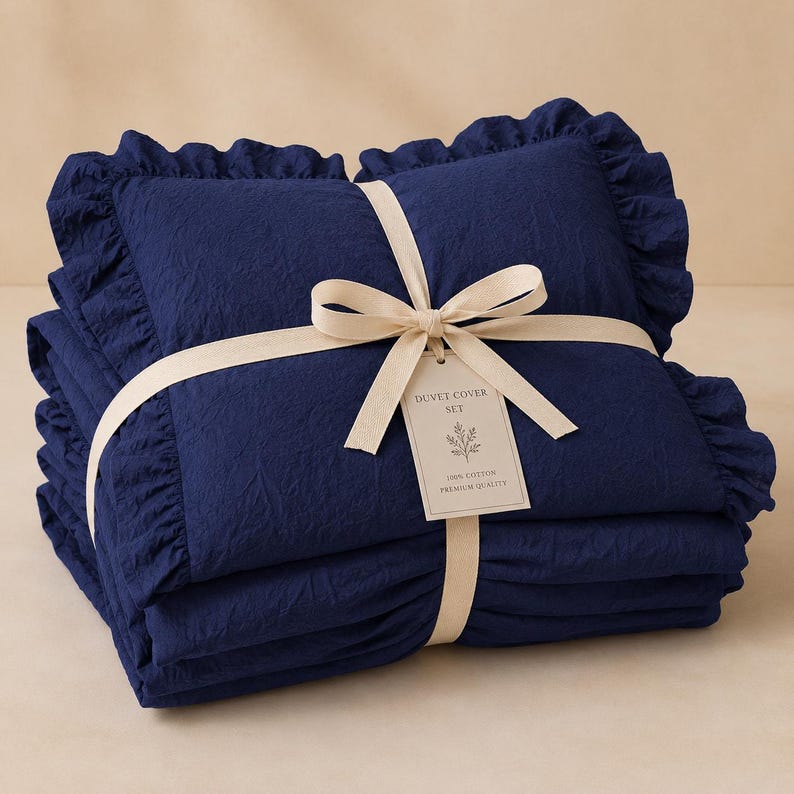 Navy Blue Linen Ruffle Duvet Cover Set – Soft Washed Bedding with Romantic Frill Edges, Farmhouse Bedroom Decor, Queen King Size Bedding Set thumbnail 3
