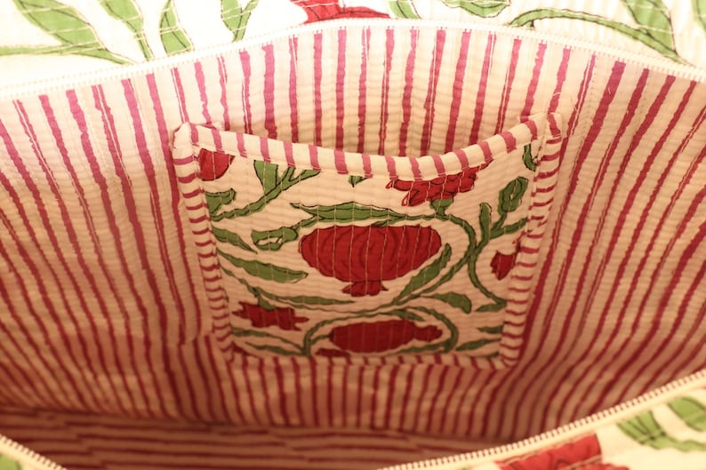 Cotton Quilted Tote Bag, Boho Floral Hand Block Printed Shopping Bags, Beach Bag, Travel and Shoulder Tote Bags, Women Gifts, Sustainable thumbnail 4