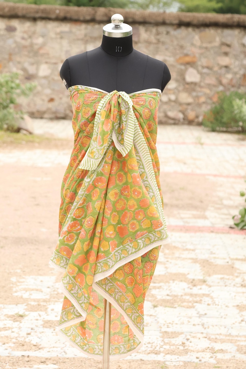 Floral Block Print Sarong: Boho Beach Cover Up, Cotton Wrap Skirt, Eco-Friendly Lightweight Cotton Beach Wrap | Hand Block Printed Boho Wear thumbnail 3
