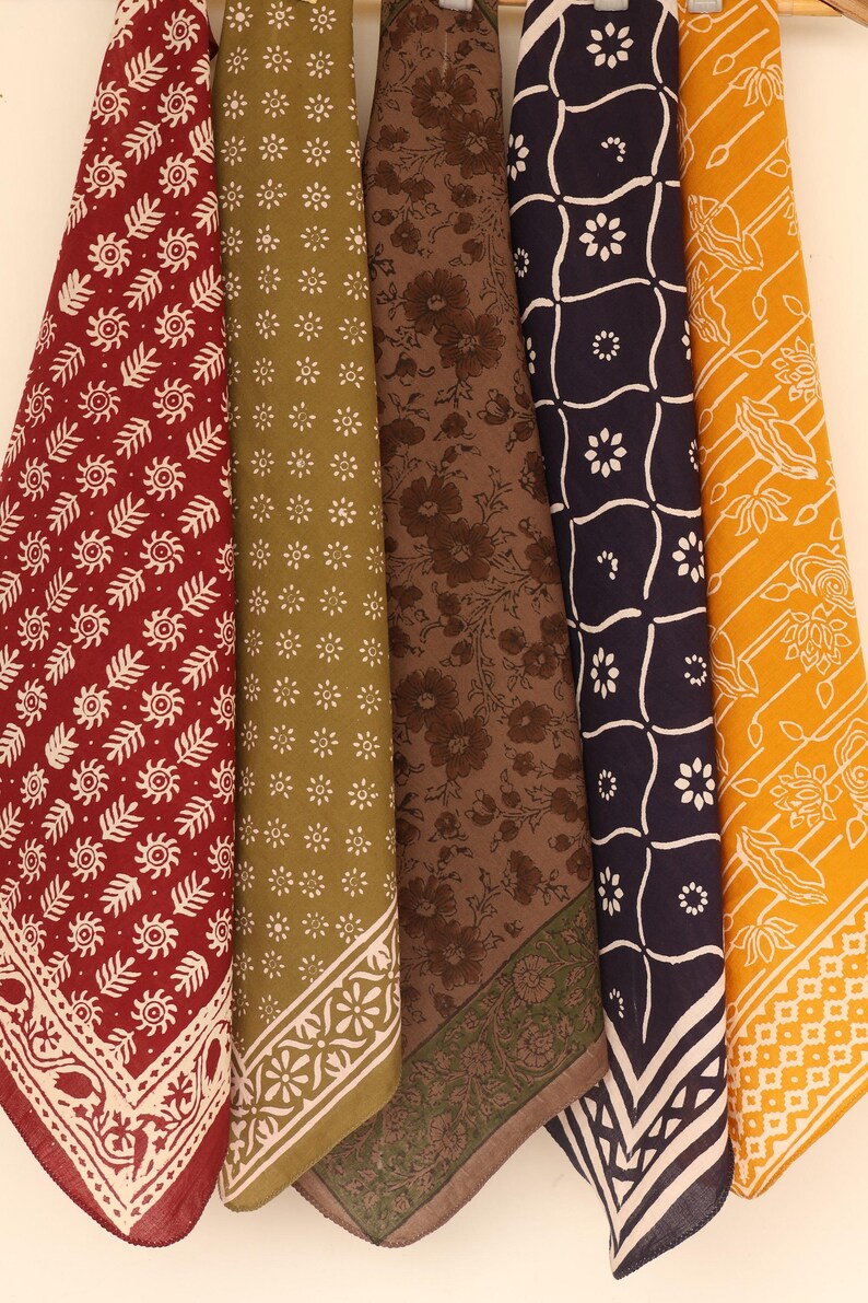 Set of 5 Handmade Bandanas - Indian Cotton Hand Block Print, Boho Festival Neckerchiefs, Yoga Headband and Bandana Gift Set for Women Men thumbnail 3